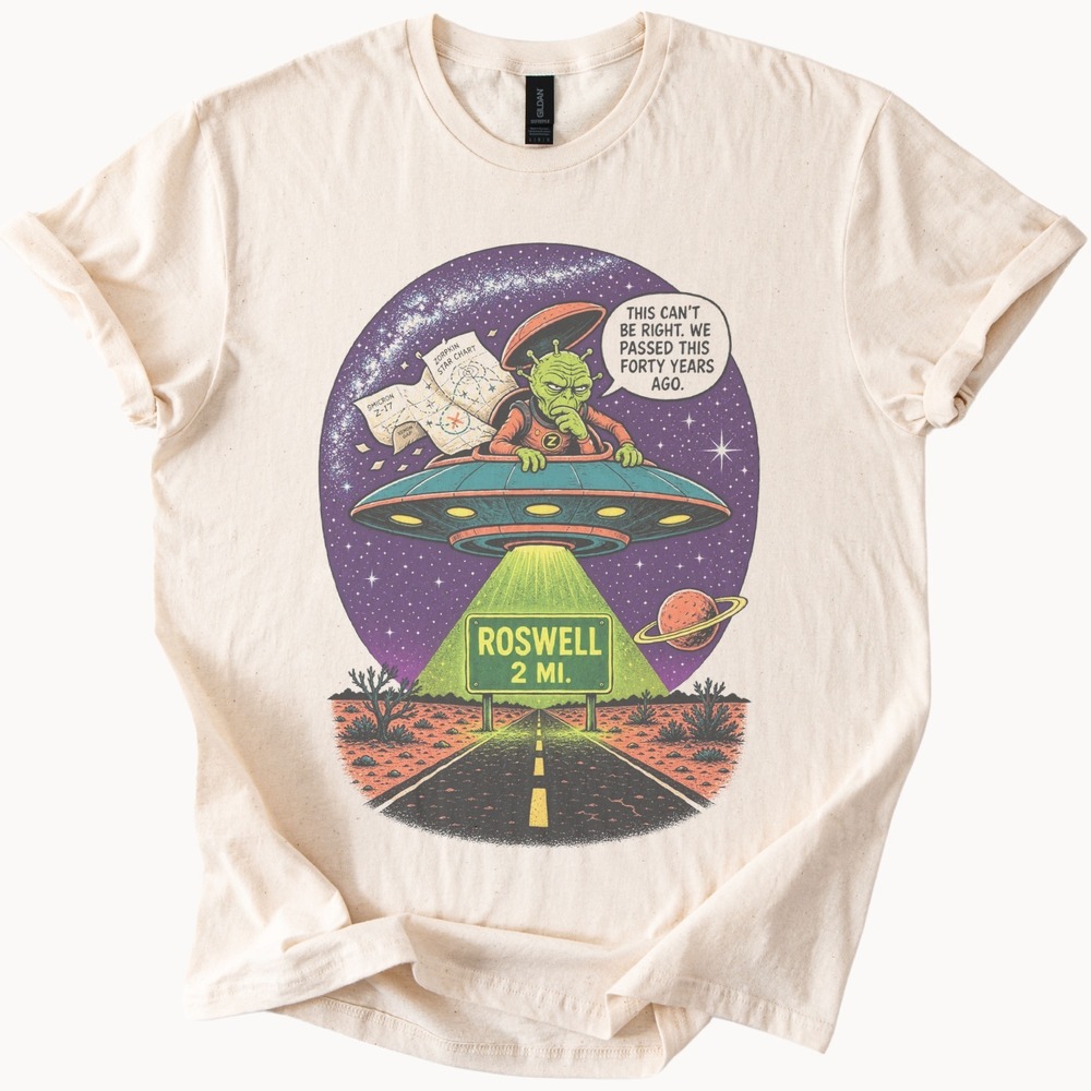 Retro Alien Flying Saucer Roswell Graphic Tee Vintage Sci-Fi Design